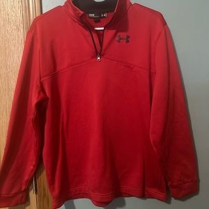 under armor sweatshirt, red with black lettering, heavy weight, fuzzy inside